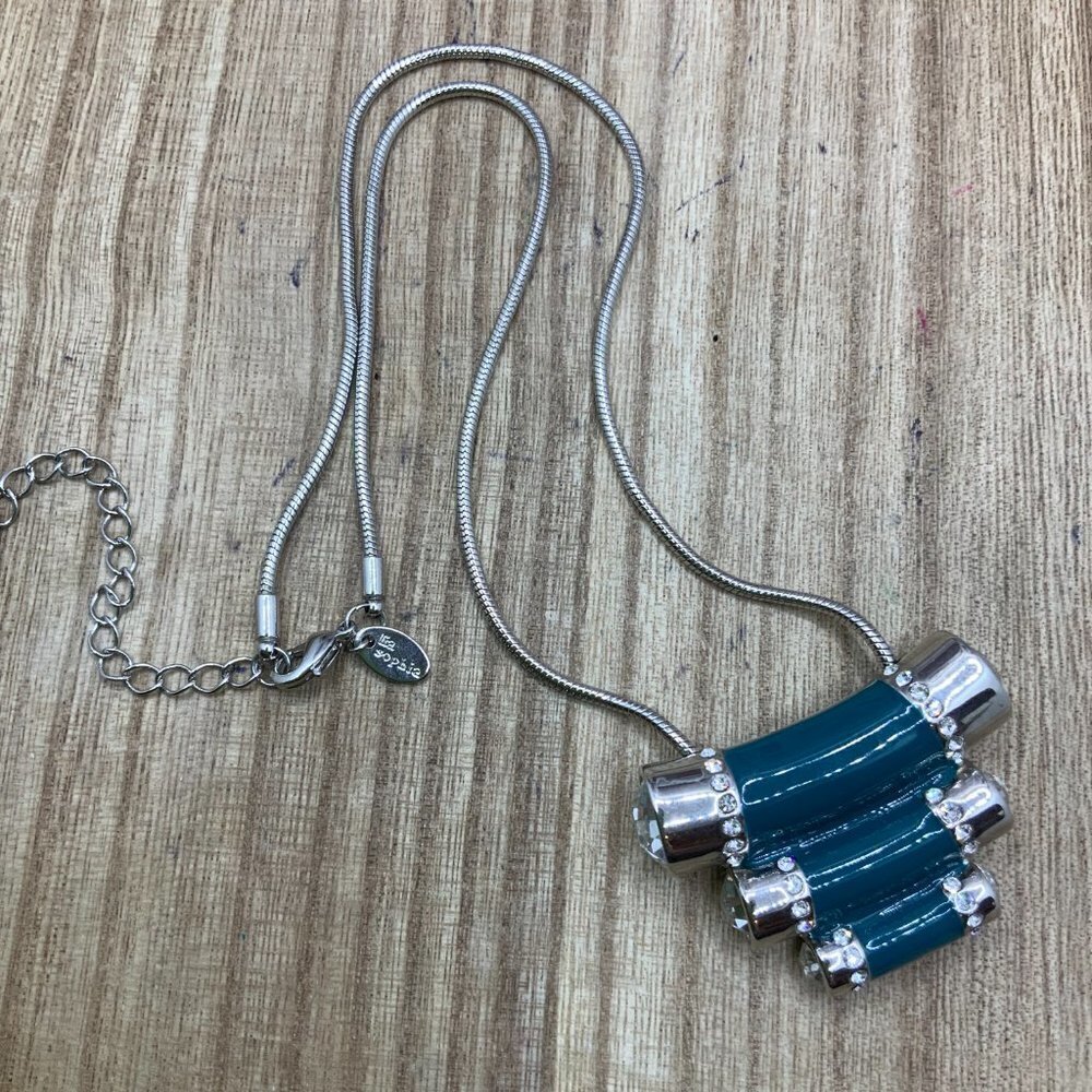 Lia Sophia Tiered Teal Enamel Rhinestone Pendant Silver Tone Necklace